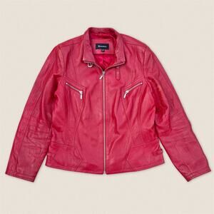 Vintage Red Silver Leather Moto Jacket Biker Brandtex - Size 38 Large Women's
